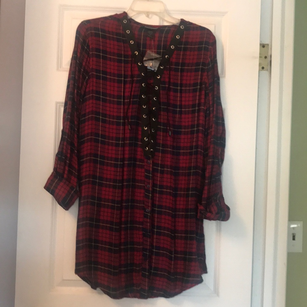 Ashley Stewart Plaid Lace-Up Tunic NWT